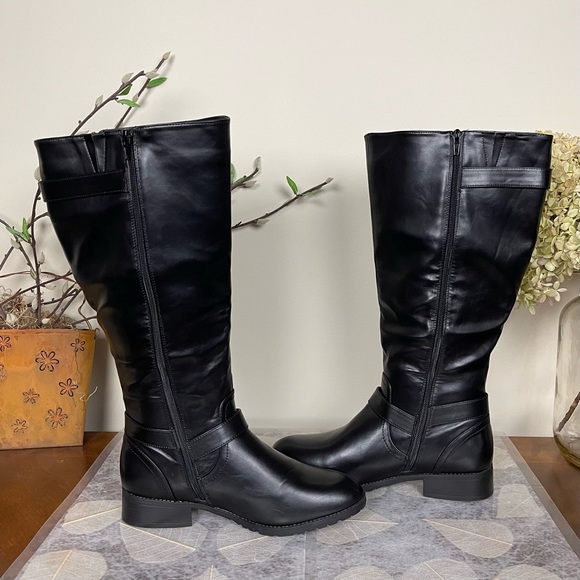 Charlotte Russe Corryn Edgy Wide-Calf Asymmetrical Gold Zipper Buckled Moto Boot - Picture 10 of 16